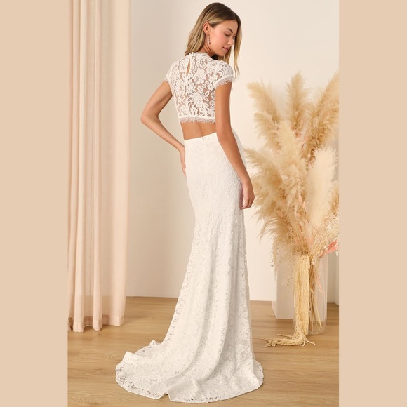 Lulu’s Devoted to Bliss White Lace Cap Sleeve Cutout Trumpet Maxi Dress - Picture 5 of 11